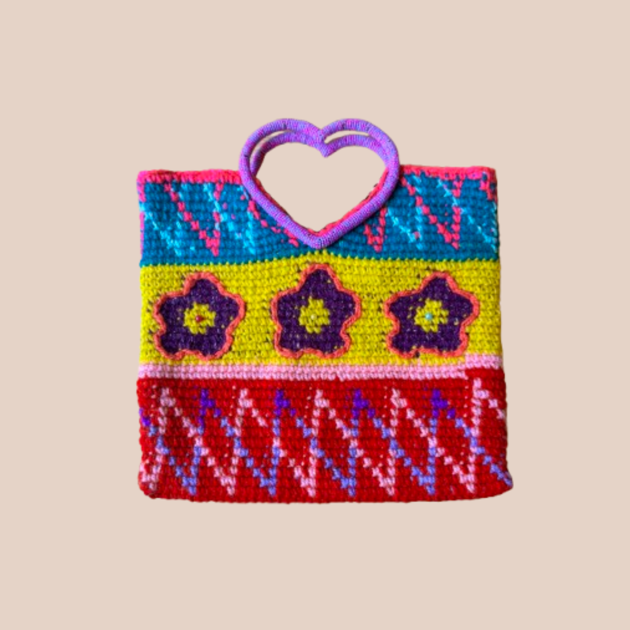 Sac en crochet Campo vert, jaune, rouge et fleurs violettes