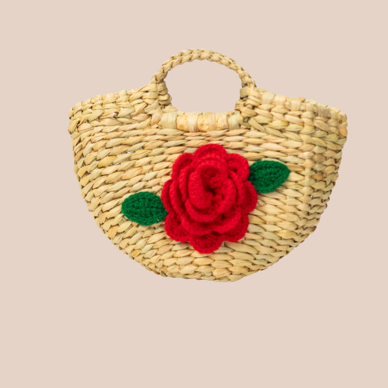 Natural bamboo basket, decorated with a large hand-crocheted red rose.