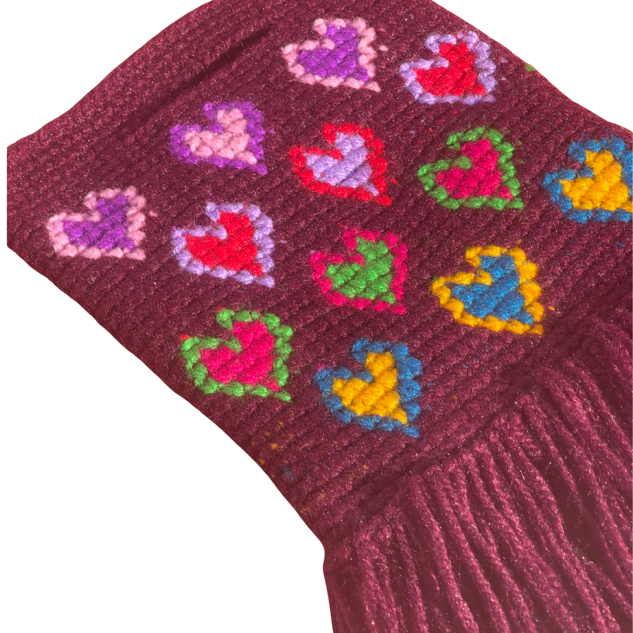 Rainbow fringe hearts, mini sac en crochet