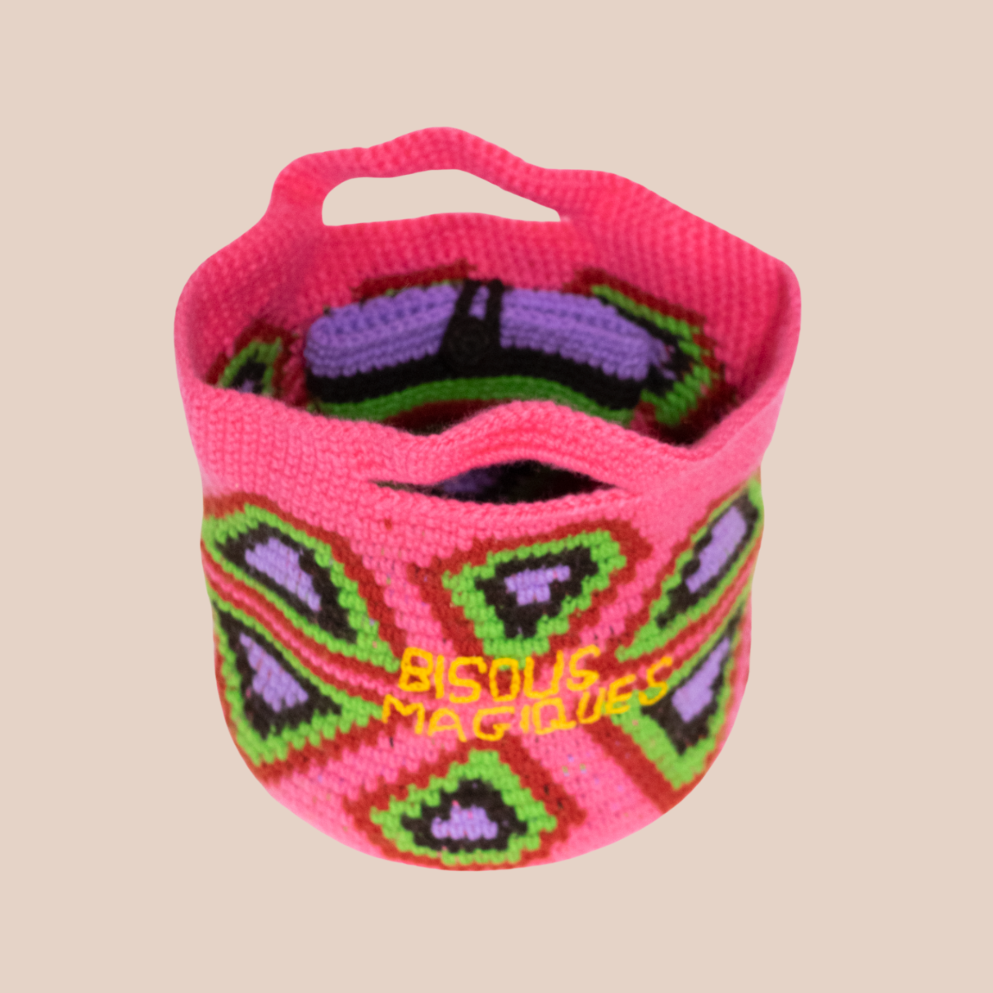 Sac Bisous Magiques, sac en laine crocheté