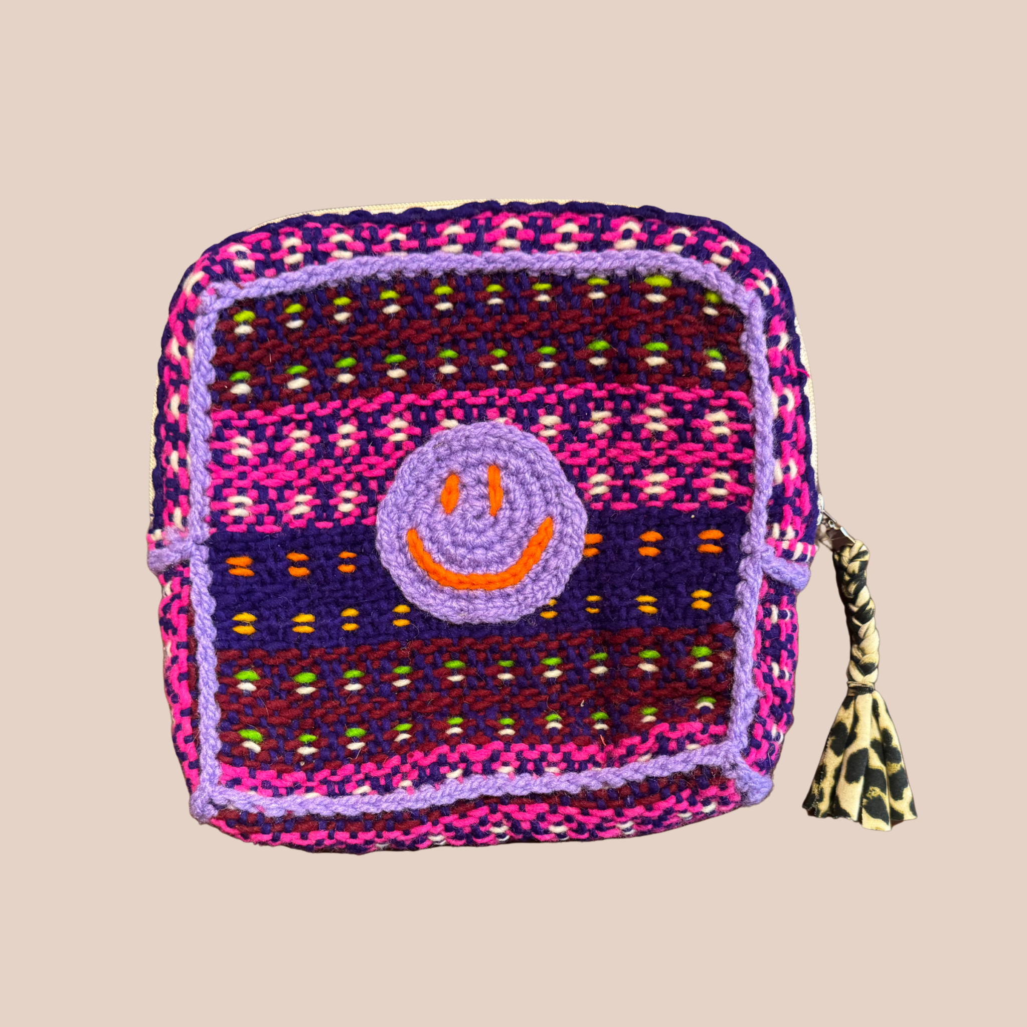 Pochette Smiley, pochette en laine crocheté