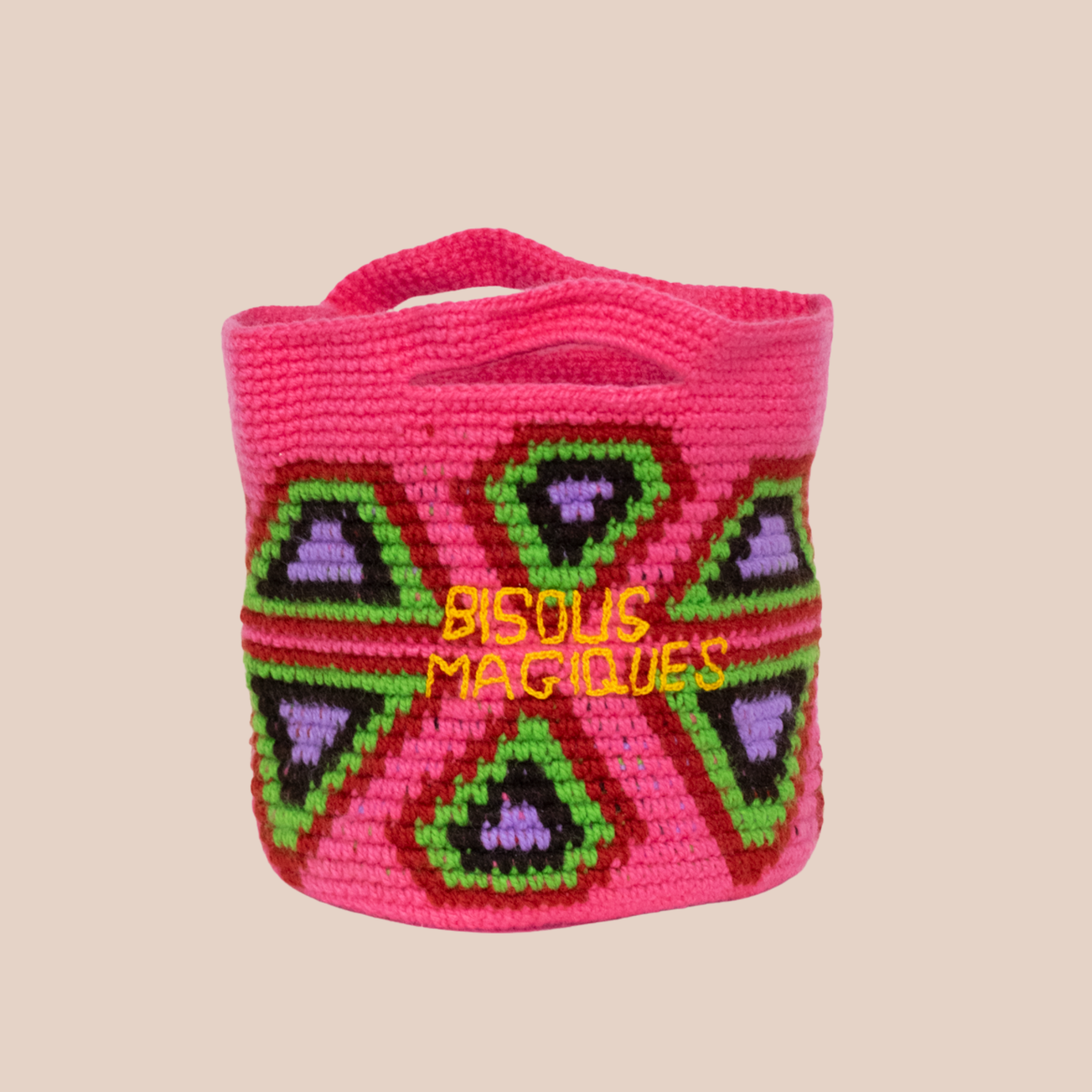 Sac Bisous Magiques, sac en laine crocheté